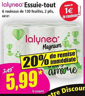 Essuie-tout Lalynea Magnum - 6 rouleaux de 130 feuilles, 2 plis