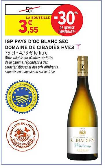 IGP PAYS D'OC BLANC SEC DOMAINE DE CIBADIÉS HVE3