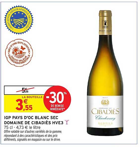 IGP PAYS D'OC BLANC SEC DOMAINE DE CIBADIES HVE3