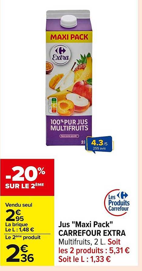 Jus "Maxi Pack" CARREFOUR EXTRA Multifruits, 2 L
