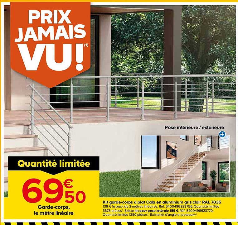 KIT GARDE-CORPS À PLAT CALA EN ALUMINIUM GRIS CLAIR RAL 7035
