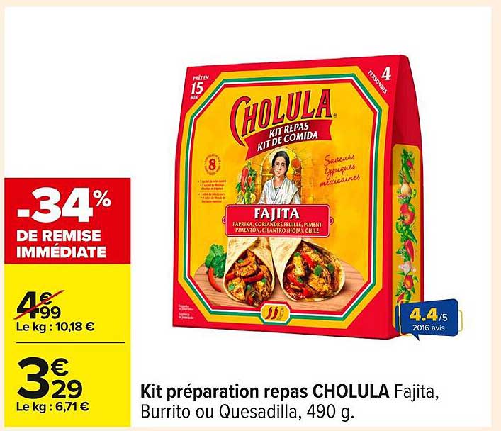 Kit préparation repas CHOLULA Fajita, Burrito ou Quesadilla, 490 g.