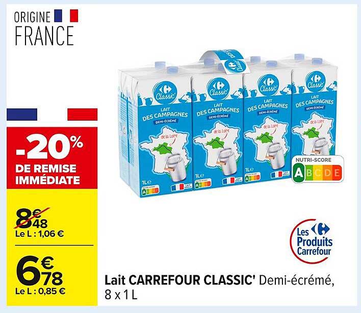 Lait CARREFOUR CLASSIC' Demi-écrémé, 8 x 1 L