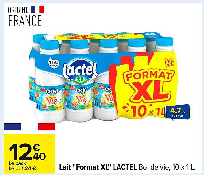 Lait "Format XL" LACTEL Bol de vie, 10 x 1 L