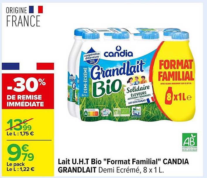 Lait U.H.T Bio 'Format Familial' Candia Grandlait Demi Écrémé, 8 x 1 L