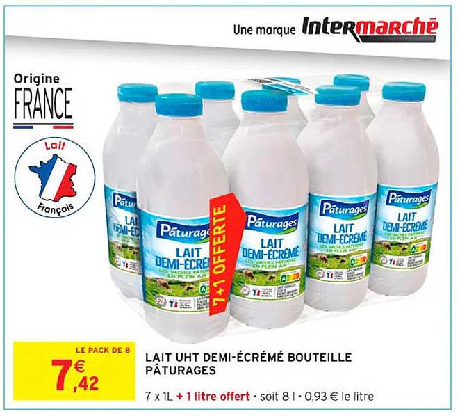 LAIT UHT DEMI-ÉCRÉMÉ BOUTEILLE PÂTURAGES
