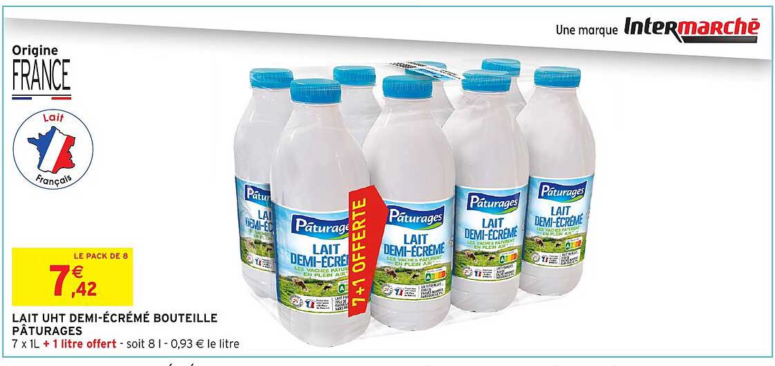 LAIT UHT DEMI-ÉCRÉMÉ BOUTEILLE PÂTURAGES