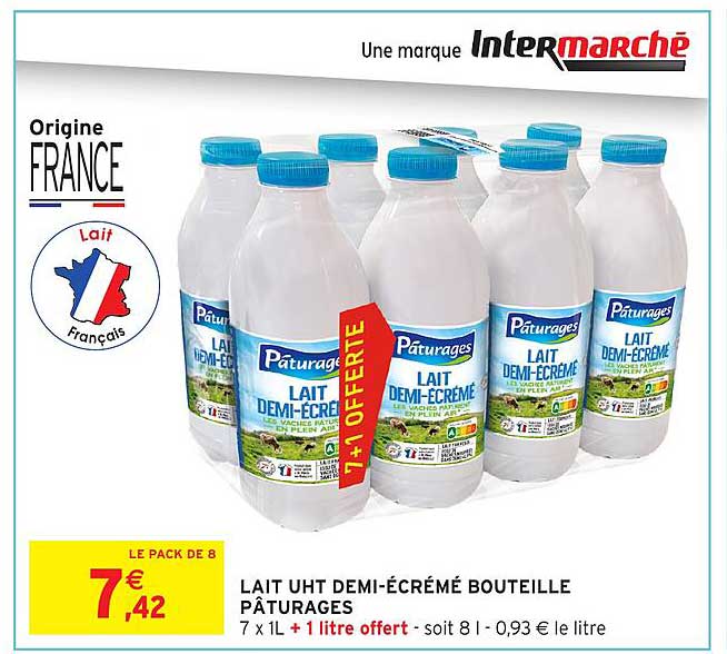 LAIT UHT DEMI-ÉCRÉMÉ BOUTEILLE PÂTURAGES