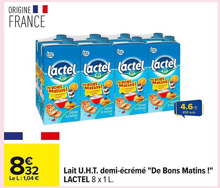 Lait U.H.T. demi-écrémé "De Bons Matins !" LACTEL 8 x 1 L.