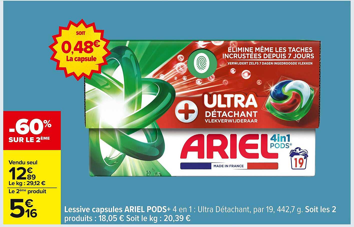 Lessive capsules ARIEL PODS+ 4 en 1 : Ultra Détachant