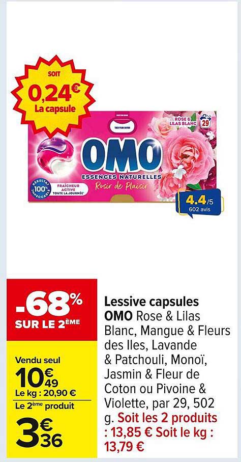 Lessive capsules OMO Rose & Lilas Blanc, Mangue & Fleurs des Iles, Lavande & Patchouli, Monoï, Jasmin & Fleur de Coton ou Pivoine & Violette