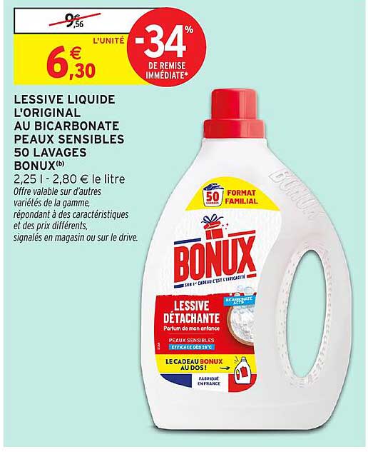 LESSIVE LIQUIDE L'ORIGINAL AU BICARBONATE PEAUX SENSIBLES 50 LAVAGES BONUX