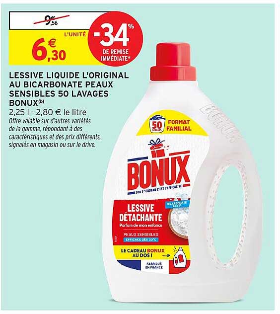 LESSIVE LIQUIDE L'ORIGINAL AU BICARBONATE PEAUX SENSIBLES 50 LAVAGES BONUX