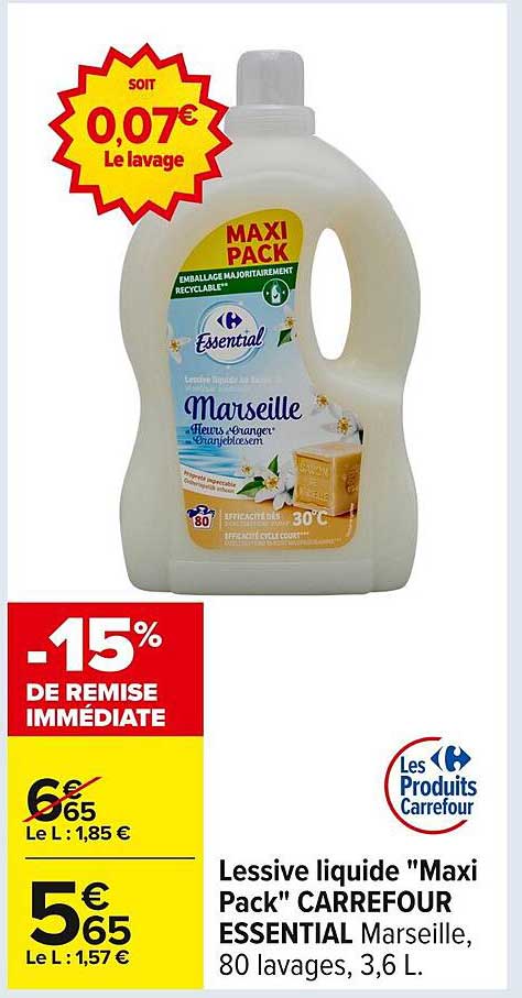 Lessive liquide "Maxi Pack" CARREFOUR ESSENTIAL Marseille, 80 lavages, 3,6 L