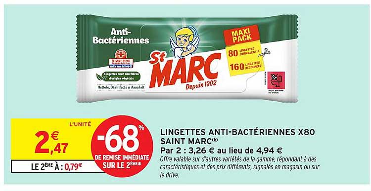 LINGETTES ANTI-BACTÉRIENNES X80 SAINT MARC