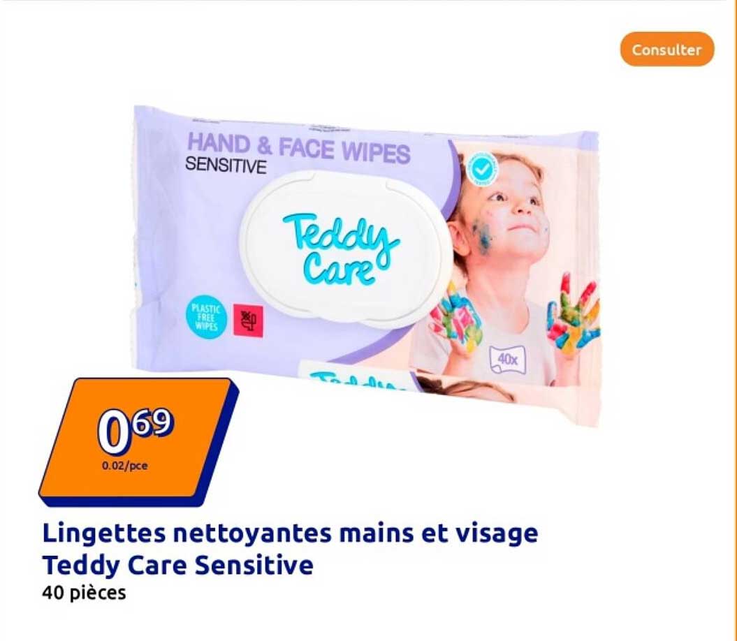 Lingettes nettoyantes mains et visage Teddy Care Sensitive