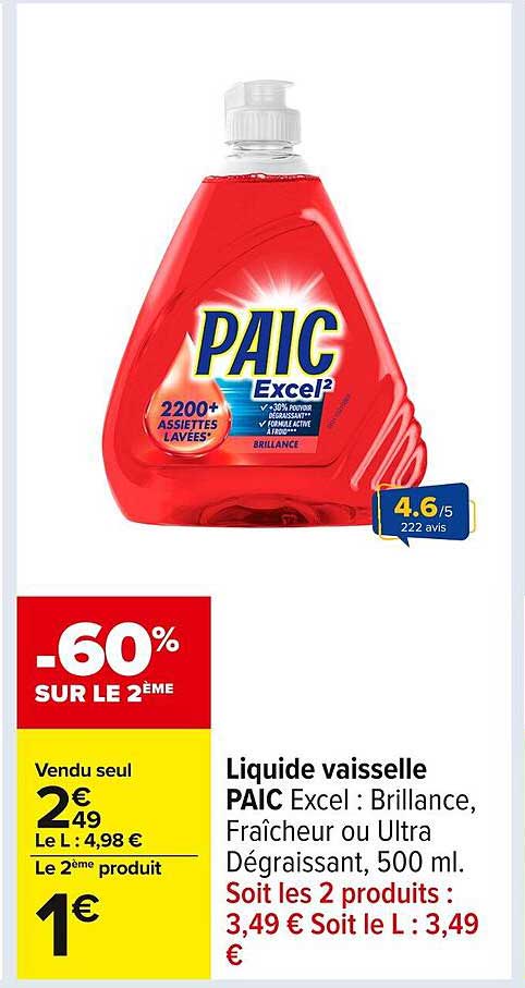 Liquide vaisselle PAIC Excel : Brillance, Fraîcheur ou Ultra Dégraissant, 500 ml.