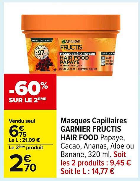 Masques Capillaires GARNIER FRUCTIS HAIR FOOD Papaye, Cacao, Ananas, Aloe ou Banane, 320 ml