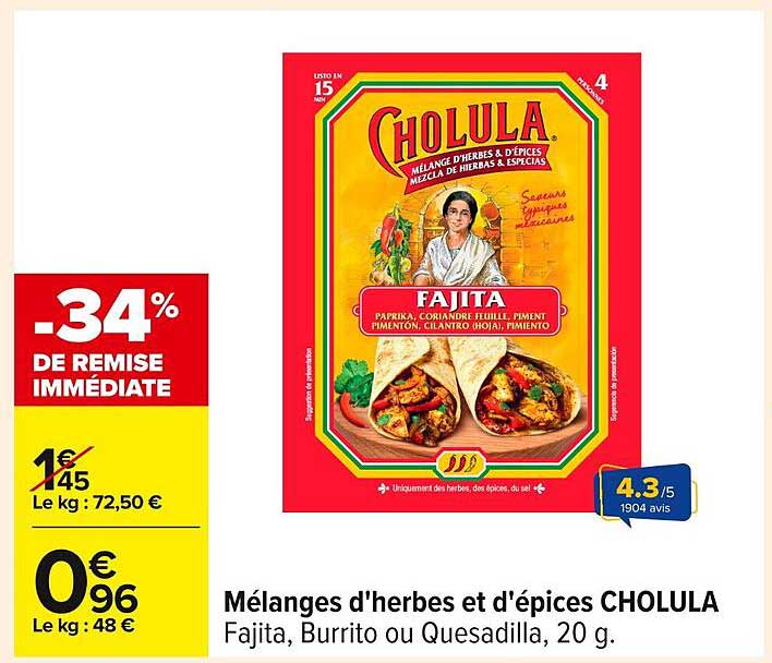 Mélanges d'herbes et d'épices CHOLULA Fajita, Burrito ou Quesadilla, 20 g.