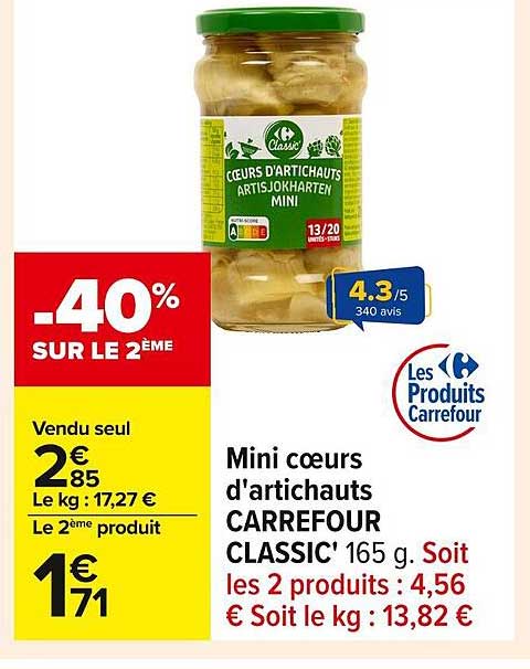 Mini cœurs d'artichauts CARREFOUR CLASSIC' 165 g. Soit les 2 produits : 4,56 € Soit le kg : 13,82 €