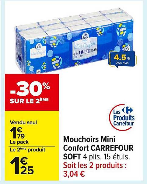 Mouchoirs Mini Confort CARREFOUR SOFT 4 plis, 15 étuis.