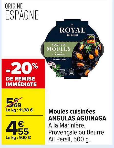 Moules cuisinées ANGULAS AGUINAGA A la Marinère, Provençale ou Beurre Ail Persil, 500 g