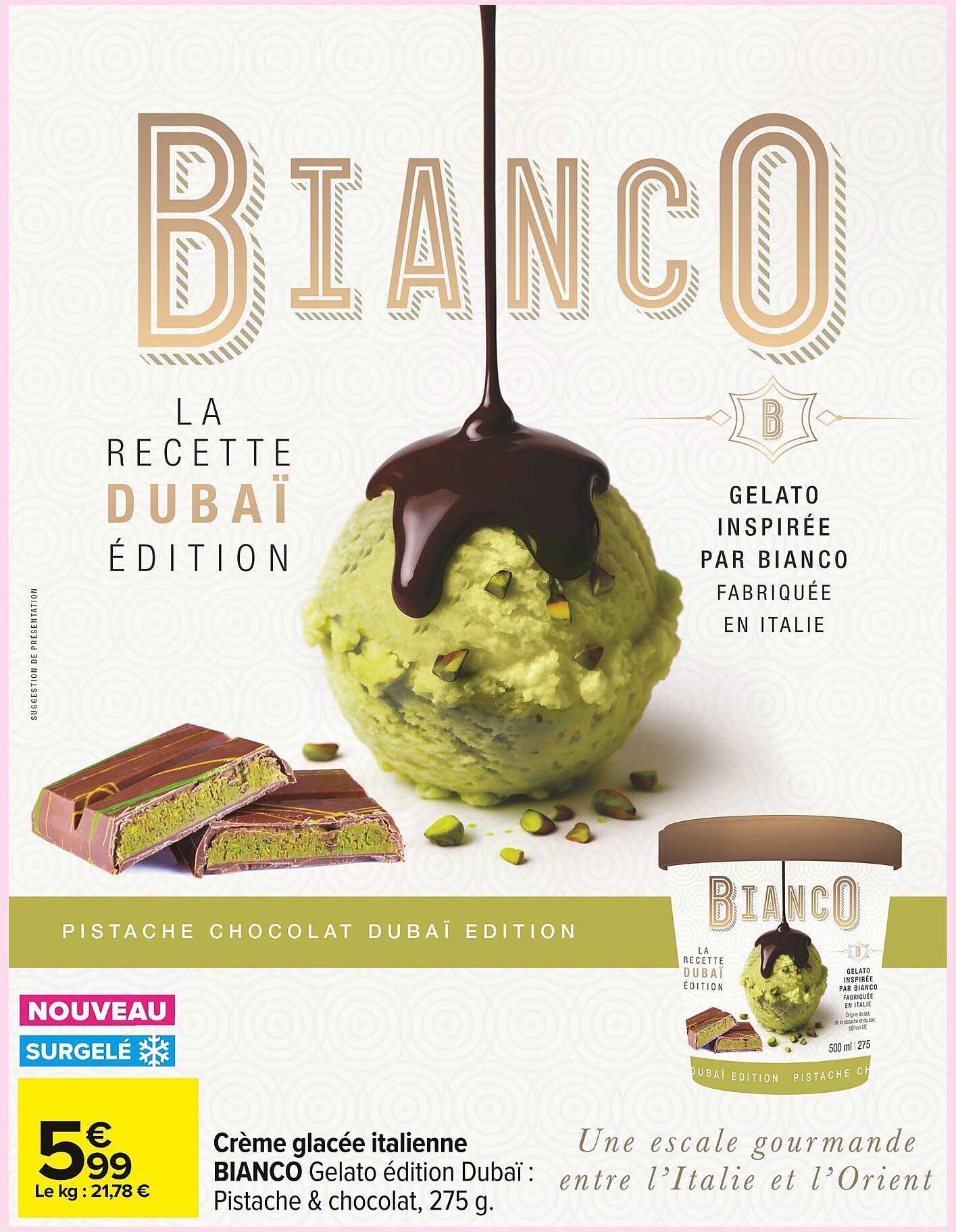 NOUVEAU SURGELÉ Crème glacée italienne BIANC0 édition Dubaï : Pistache & chocolat, 275 g.