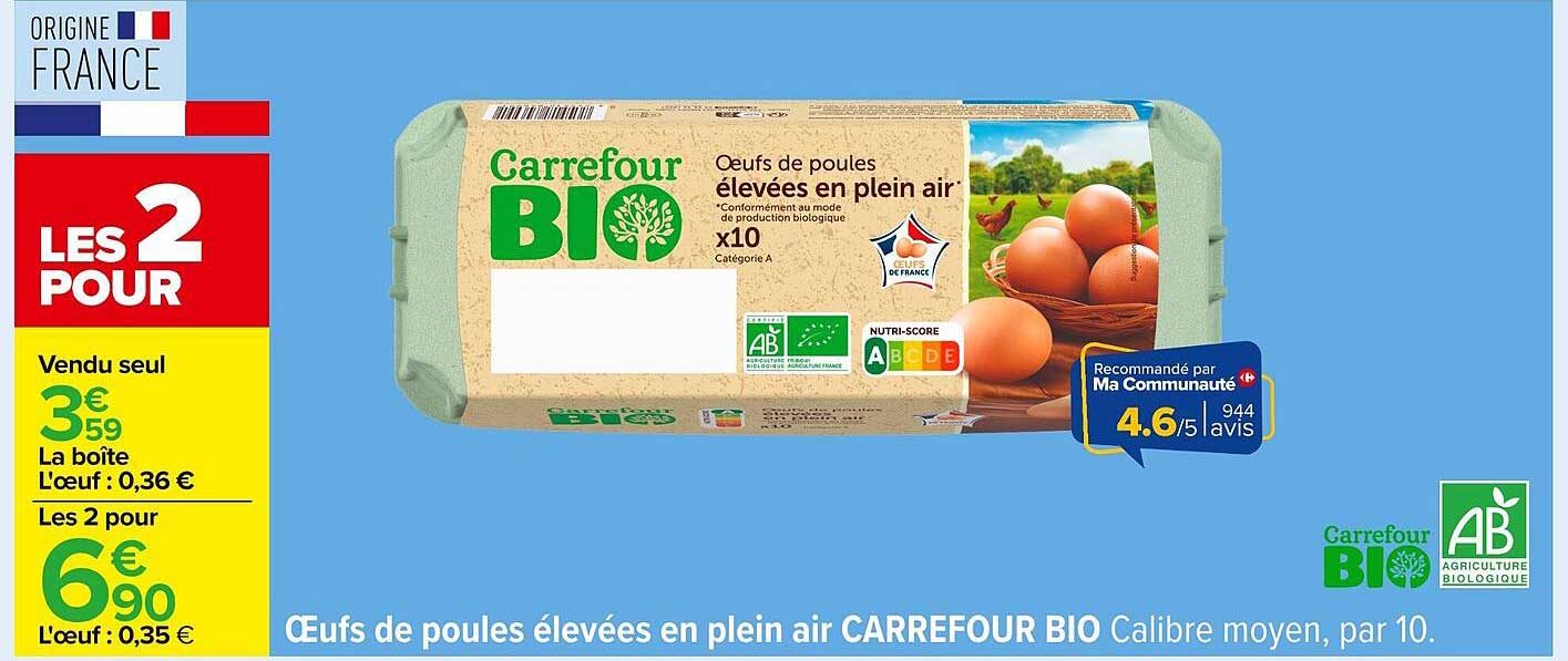 Œufs de poules élevées en plein air CARREFOUR BIO Calibre moyen, par 10.