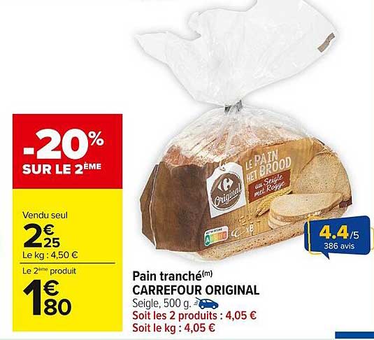 Pain tranché(m) CARREFOUR ORIGINAL Seigle, 500 g.