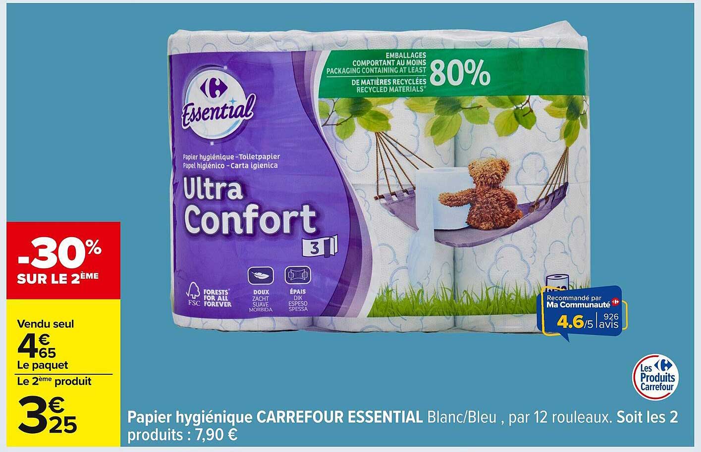 Papier hygiénique CARREFOUR ESSENTIAL Blanc/Bleu, par 12 rouleaux.