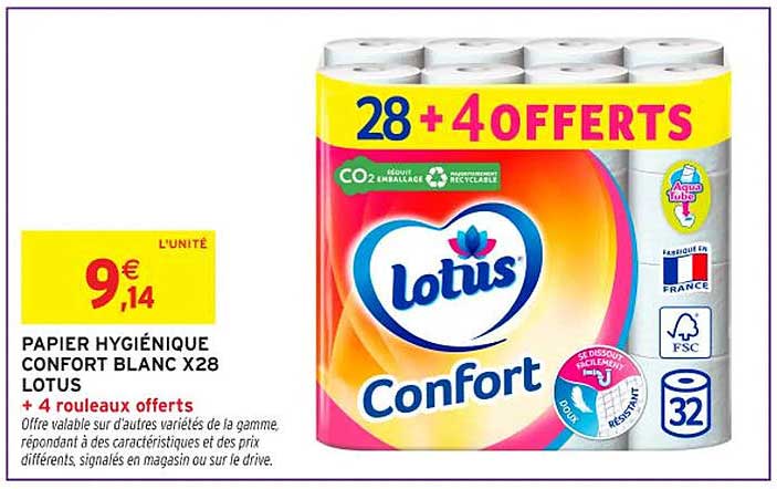 PAPIER HYGIÉNIQUE CONFORT BLANC X28 LOTUS + 4 ROUEAUX OFFERTS