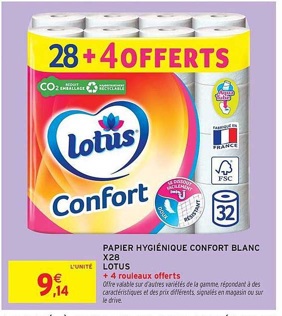 PAPIER HYGIÉNIQUE CONFORT BLANC X28 LOTUS + 4 ROULEAUX OFFERTS