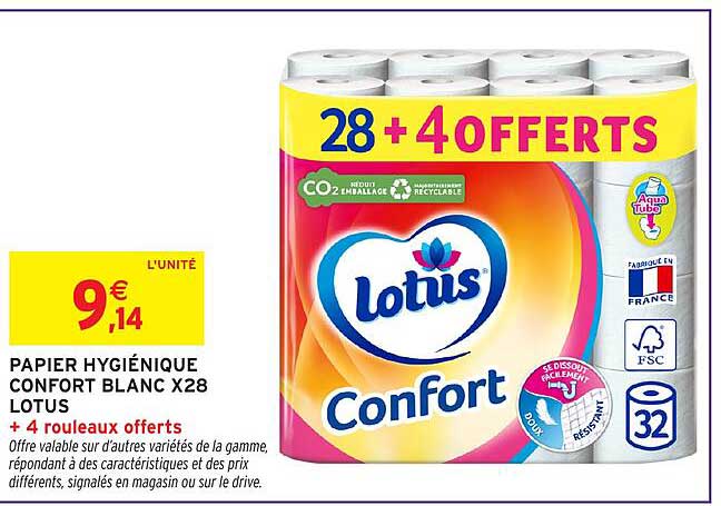 PAPIER HYGIÉNIQUE CONFORT BLANC X28 LOTUS + 4 ROULEAUX OFFERTS