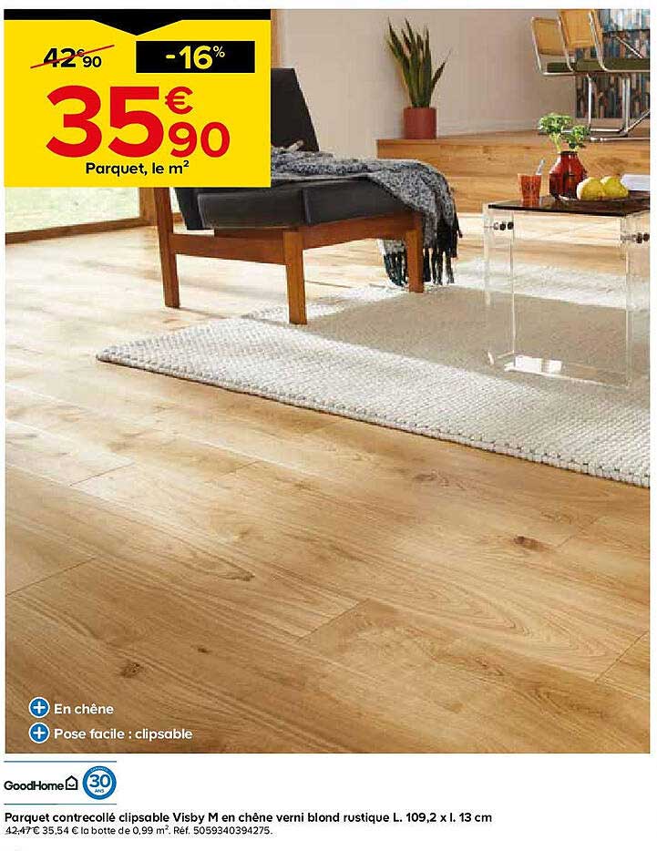 Parquet contre-collé clipsable Visby M en chêne verni blond rustique