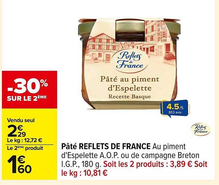 Pâté REFLETS DE FRANCE Au piment d'Espelette A.O.P. ou de campagne Breton I.G.P., 180 g