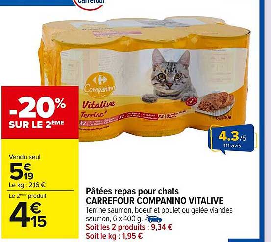 Pâtées repas pour chats CARREFOUR COMPANINO VITALIVE