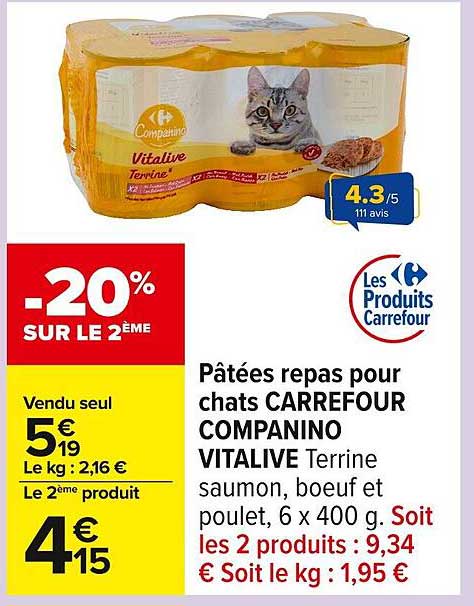 Pâtées repas pour chats CARREFOUR COMPANINO VITALIVE