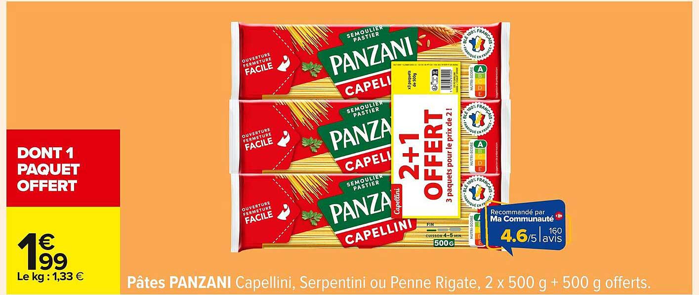 Pâtes PANZANI Capellini, Serpentini ou Penne Rigate, 2 x 500 g + 500 g offerts.