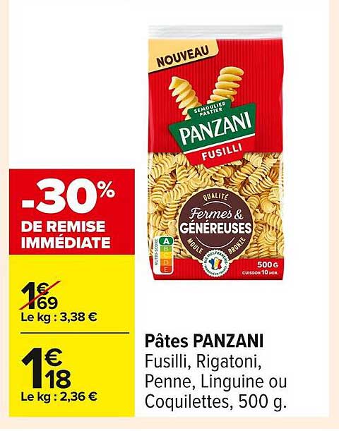 Pâtes PANZANI Fusilli, Rigatoni, Penne, Linguine ou Coquillettes, 500 g.