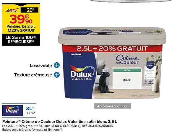 Peinture® Crème de Couleur Dulux Valentine satin blanc 2,5 L