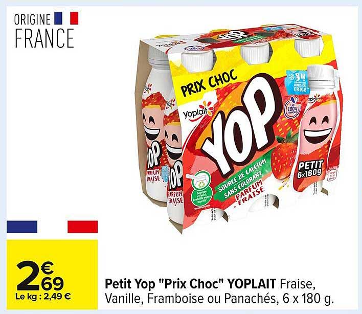 Petit Yop "Prix Choc" YOPLAIT Fraise, Vanille, Framboise ou Panachés, 6 x 180 g.