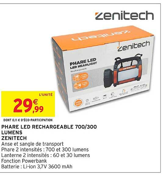 PHARE LED RECHARGEABLE 700/300 LUMENS