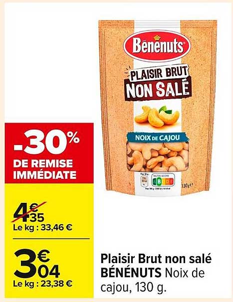 Plaisir Brut non salé BÉNÉNUTS Noix de cajou, 130 g.