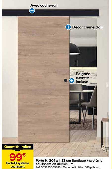 Porte H. 204 x L. 83 cm Santiago + système coulissant en aluminium