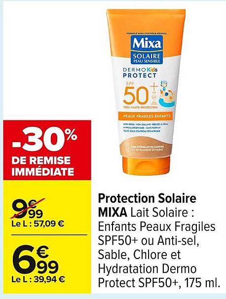 Protection Solaire MIXA Lait Solaire : Enfants Peaux Fragiles SPF50+ ou Anti-sel, Sable, Chlore et Hydratation Dermo Protect SPF50+, 175 ml.