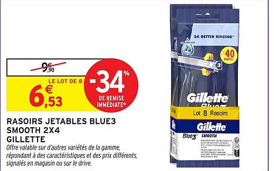 RASOIRS JETABLES BLUE3 SMOOTH 2X4 GILLETTE