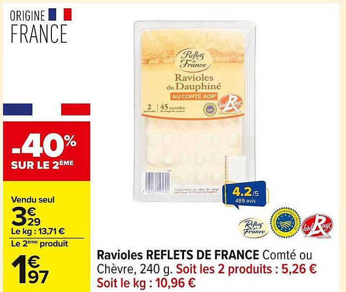 Ravioles REFLETS DE FRANCE Comté ou Chèvre, 240 g.