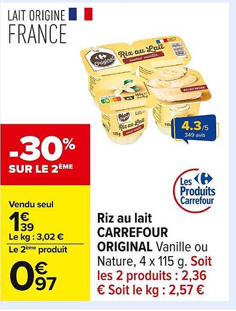 Riz au lait CARREFOUR ORIGINAL Vanille ou Nature, 4 x 115 g