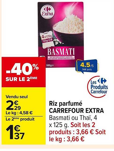 Riz parfumé CARREFOUR EXTRA Basmati ou Thaï, 4 x 125 g