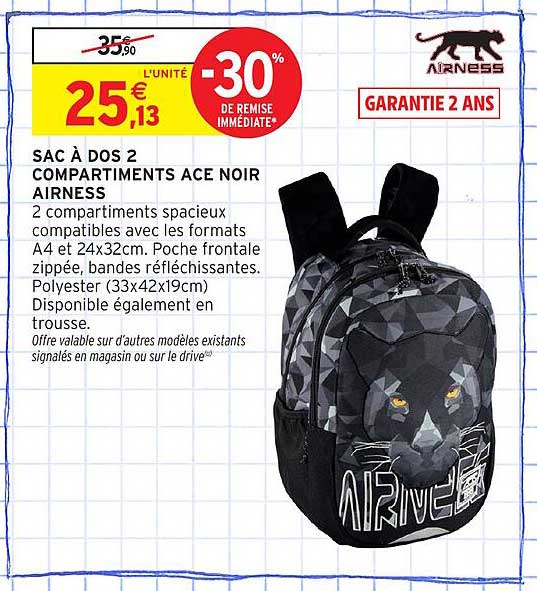 SAC À DOS 2 COMPARTIMENTS ACE NOIR AIRNESS